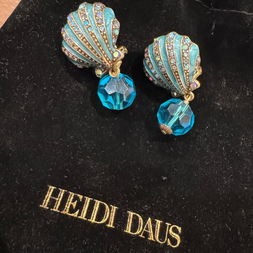 NWOT Heidi Daus Elegant Crystal and Enamel Blue Shell Omega Back Earrings - Picture 3 of 8